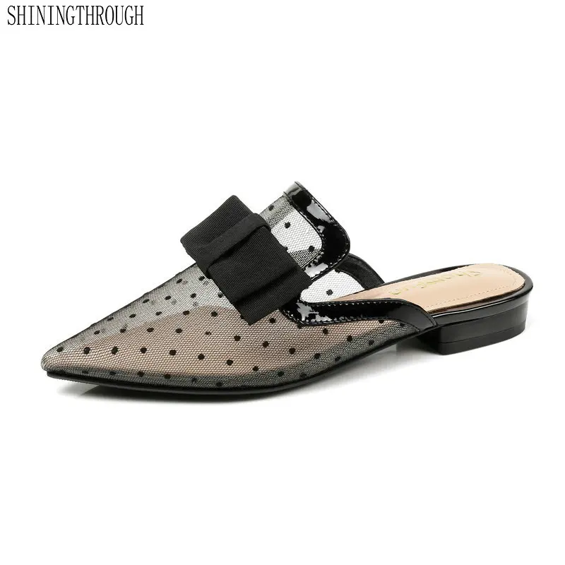 

New Air mesh Women Slippers Genuine Leather Pointed Toe ladies sandals 2.5 cm low square Heels summer Shoes woman large size 43