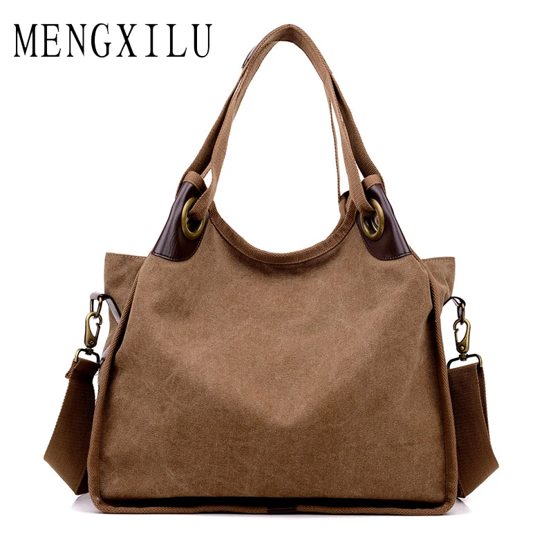 

MENGXILU New Canvas Handbag Multifunction Shoulder Bags Patchwork Stripe Black Color Block Women Canvas Shoulder Bags