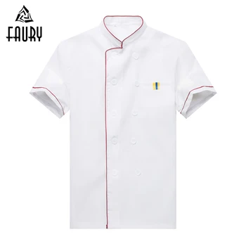

Unisex White Stand Collar Double Breasted Restaurant Cafe Hotel Waiter Short Sleeve Work Tops Chef Jacket Uniforms Apron