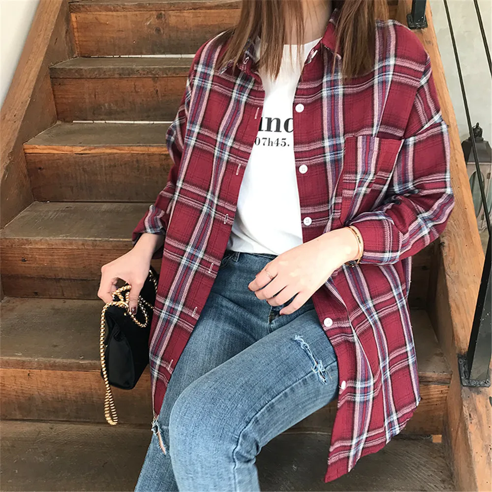 Autumn Boyfriend Style Women Blouse 2018 All Occasion Match casual College shirt long sleeve turn-down collar Plaid Office Shirt (27)