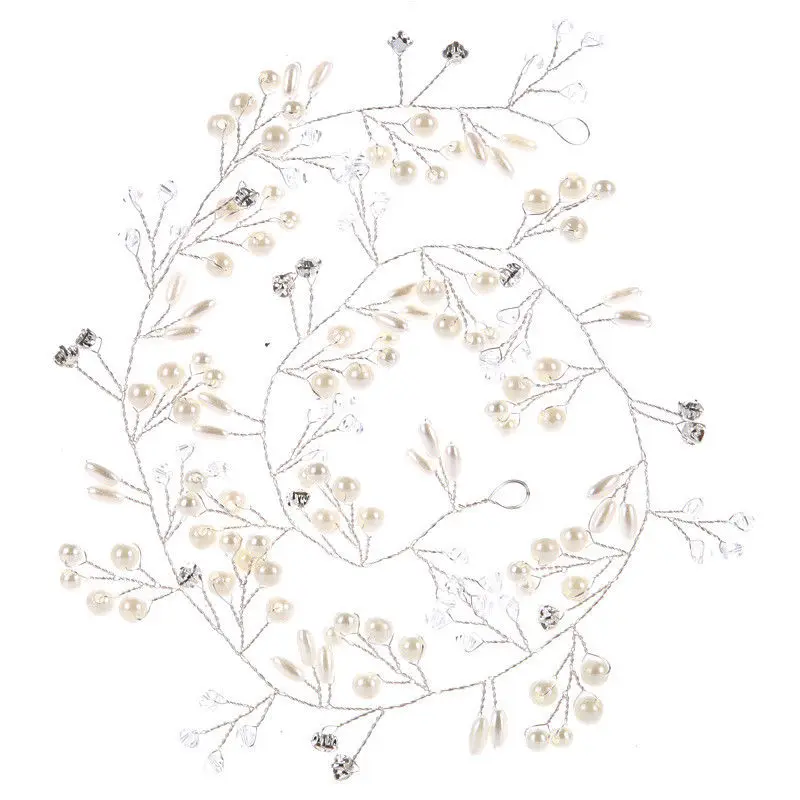 Европейский Свадебный роскошный длинный жемчужный Кристальный цветок повязка на голову Серебряная Золотая свадебная лоза ручной работы Женская цепочка повязка на голову