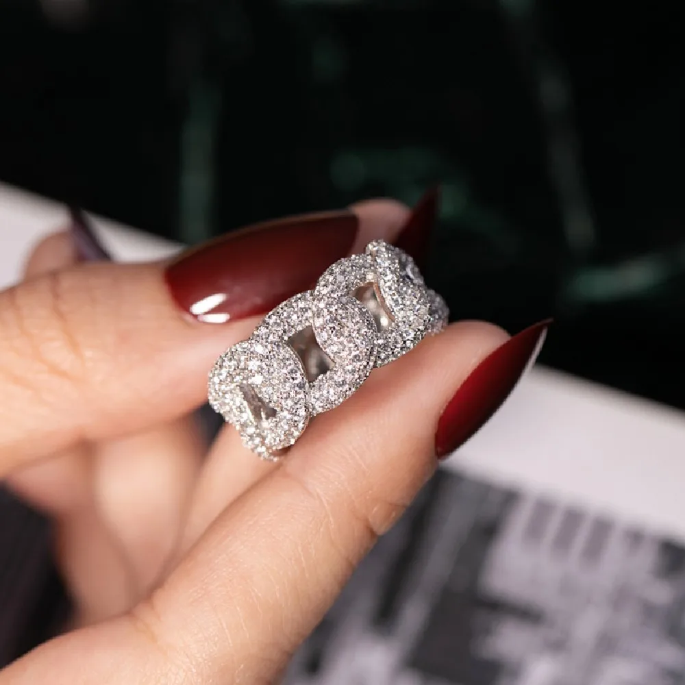 Ювелирные изделия в стиле хип-хоп, сверкающие 925 пробы, серебряные кольца для женщин и мужчин, роскошные выдалбливающие цепочки, кольцо с бриллиантом, набор для пальцев