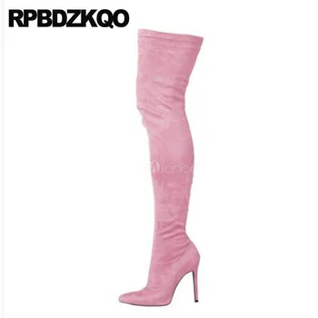 

High Heel Shoe Pointed Toe Thigh Big Size Exotic Dancer Pole Dancing Stiletto Suede Slim Women Boots Stretch Over The Knee 12 44