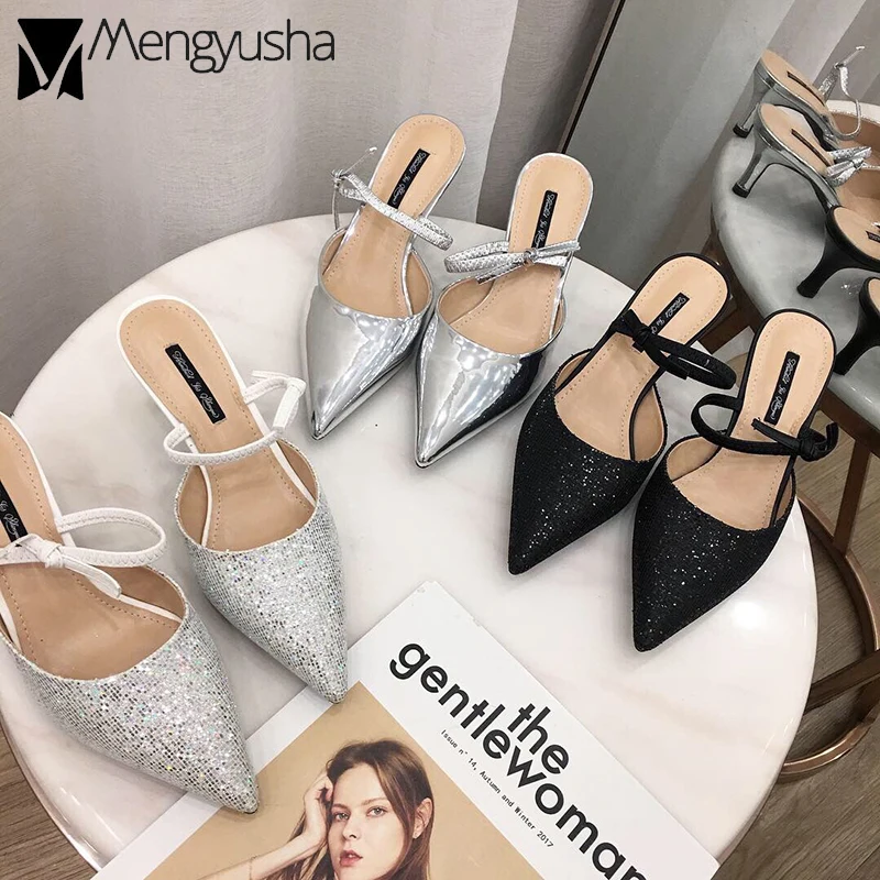 

New Sexy bling sequined stiletto women sliver pointy mules pantufla mujer famous brand bowtied slippers korean closed toe slides
