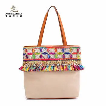 

women Handbag Bohemian Summer Beach Ladies Colorful tassel shoulder bag Cotton Fabric Canvas national ethnic bucket bags