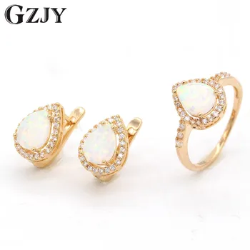 

GZJY Gold Color Vintage Jewelry Set Water Drop Natural Stone Opal Earring Ring Jewelry Sets For Women Wedding Party Gift