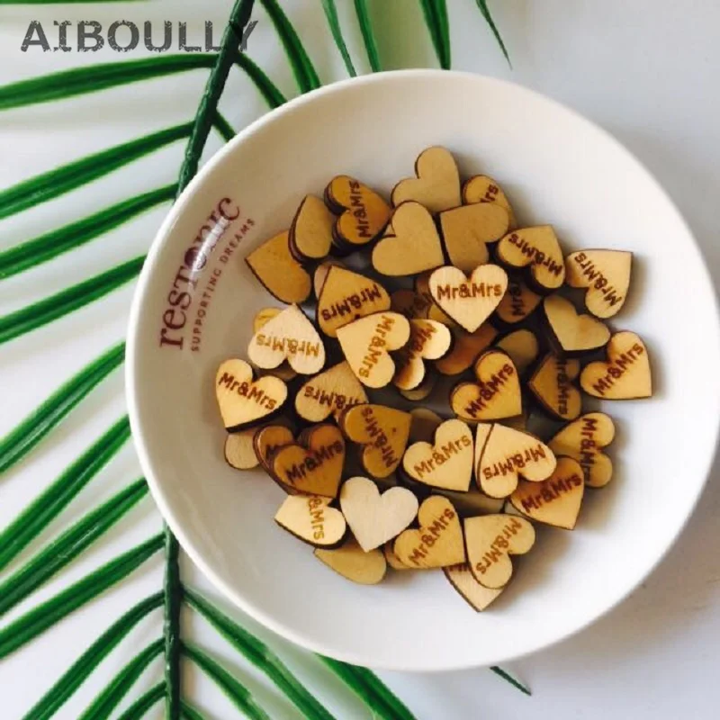 

50pcs Personalised DIY Engraved Wooden Love Heart Wedding Tag Table Centerpieces Mr & Mrs Decor Birthday Favors Guestbook buckle