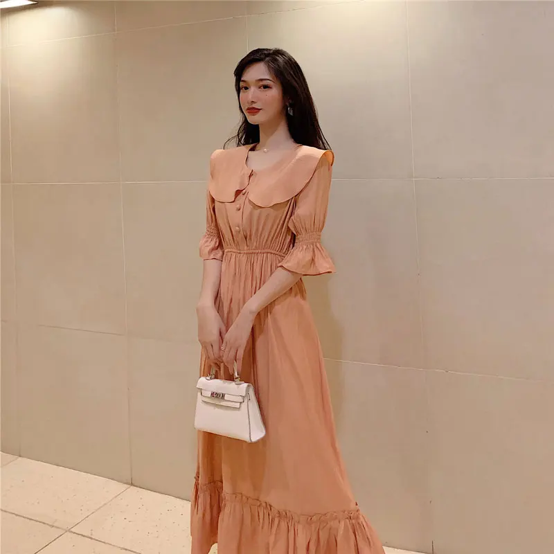 

Korea summer new women's clothes solid color doll collar elastic waist long dress high waist five point sleeves retro wind dress