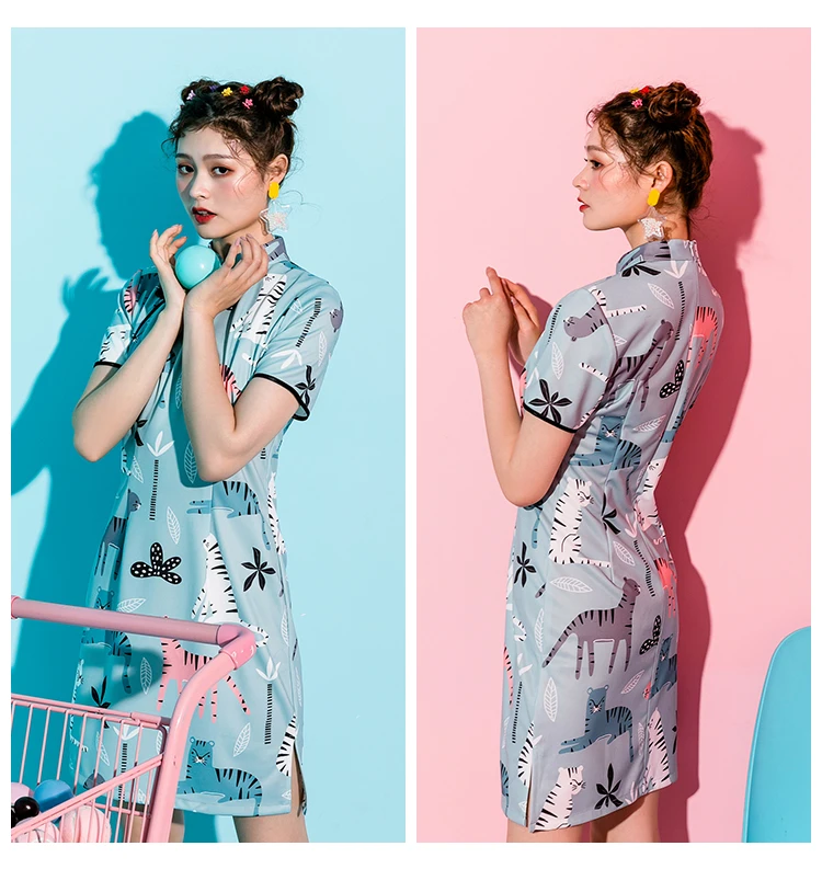 SWEETXUE Cat Leaf Print Cheongsam простое платье модное винтажное Сплит Мини Вечерние платья летние женские ретро платья в китайском стиле