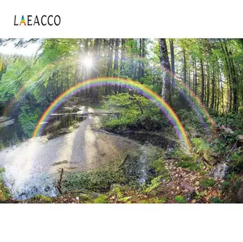 

Laeacco Natural Backgrounds Wonderland Rainbow Forest Tree Lake Sunshine Scenic Photographic Backdrops Photocall Photo Studio