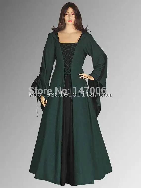 Gothic Green and Black Cotton Medieval Renaissance Maiden Dress Gown with Hood