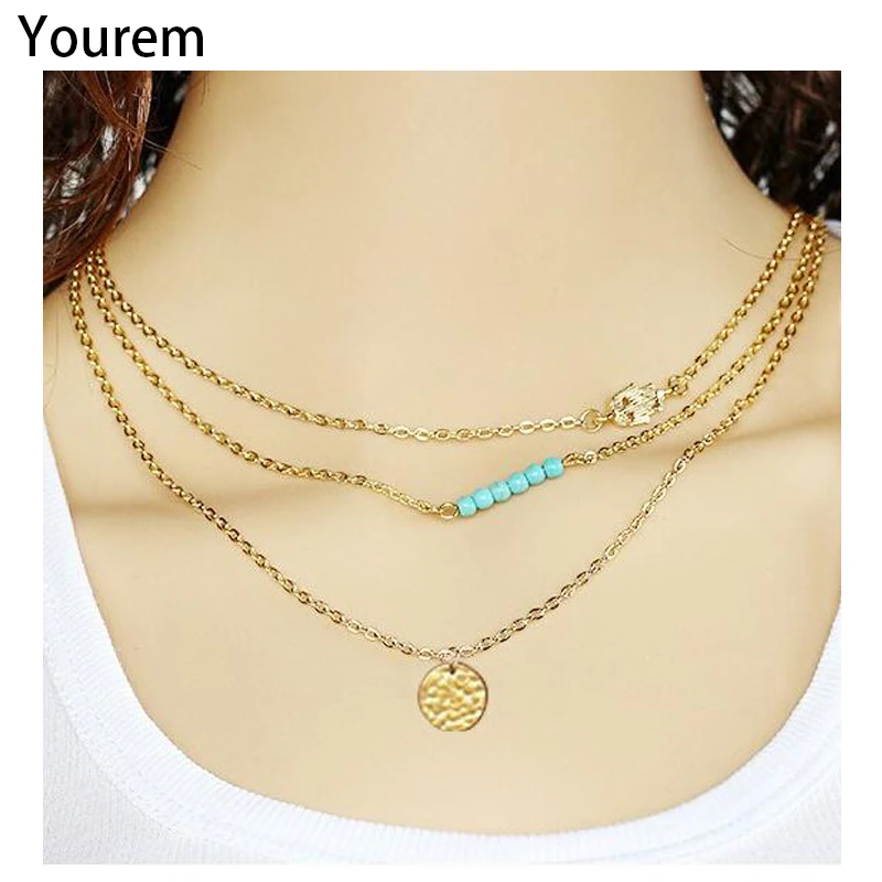 

YOUREM green stone metal dot multi layer Bohemia fatima hamsa hands chokers necklaces for women jewelry gifts wj023