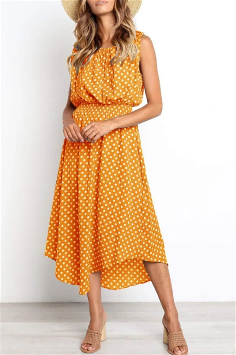 

2019 Summer Women Polka Dots Long Dress Sleeveless Irregular Dots Dress Vintage Causal Dress With Elastic Waist