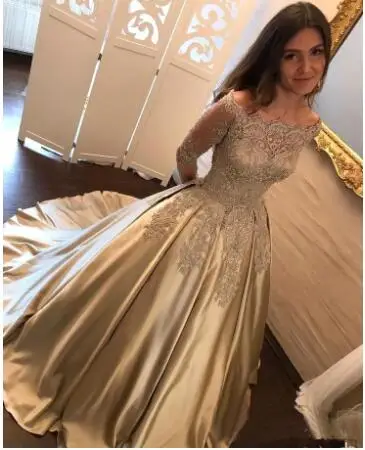 Золотое кружевное вечернее платье с открытыми плечами сексуальное платье невесты с длинным рукавом и отделкой из бус Вечерние платья на заказ большие размеры - Цвет: Золотой