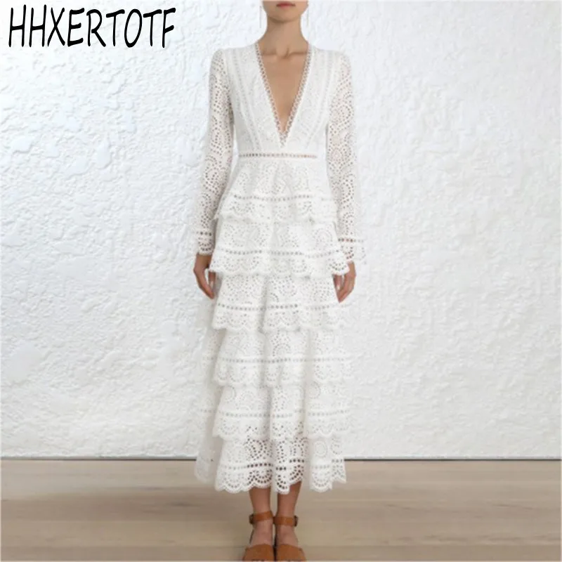 

Women Sexy Deep V-Neck Layers Ruffles Party Long Dress 2019 self portrait spring Hollow Out Lace Long Sleeve Maxi Cake Dress