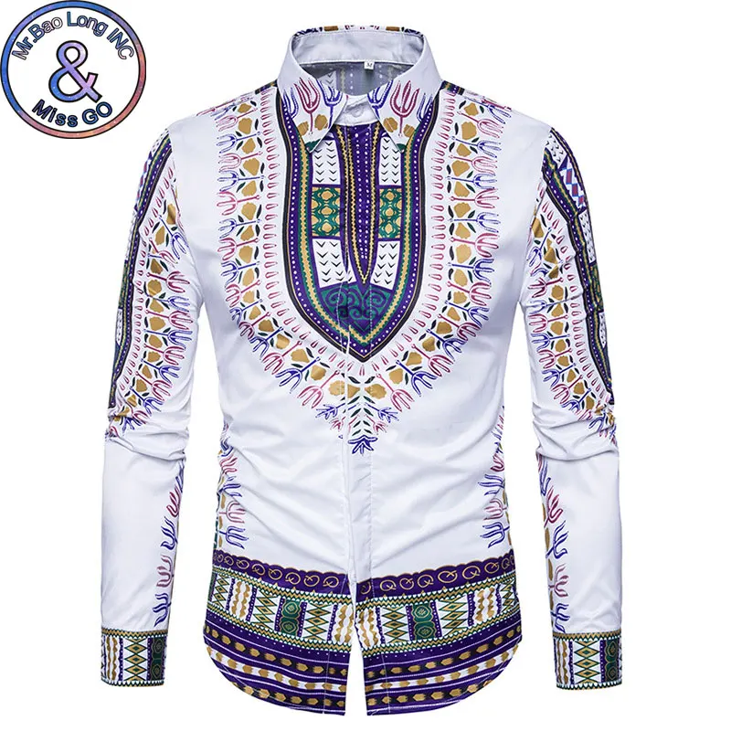 

Men's Hipster African Dashiki Printed Slim Fit Long Sleeve Dress Shirts 2018 Fashion Floral Print Men Clothing Men's Shirts 3XL