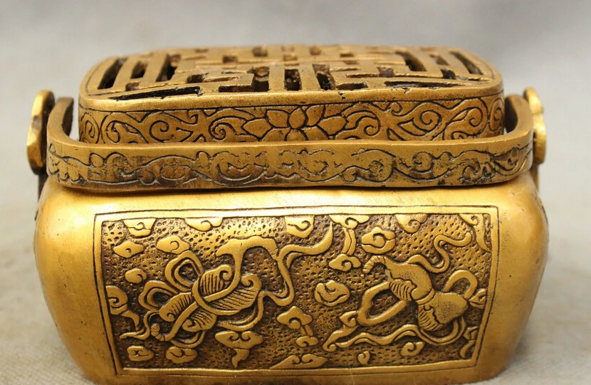 

S4399 Chinese Bronze Lucky Patterns Gourd Fan Statue Handle Incense Burner Jar Box D0317
