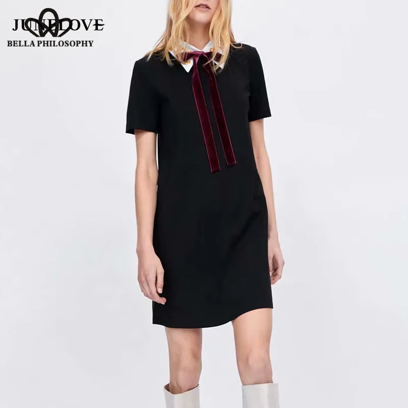 Wonder 2018 new autumn Short Sleeve Mini Dress Vintage Patchwork Female Bow Black Dress Casual Retro Lady Fashion A-Line Dress