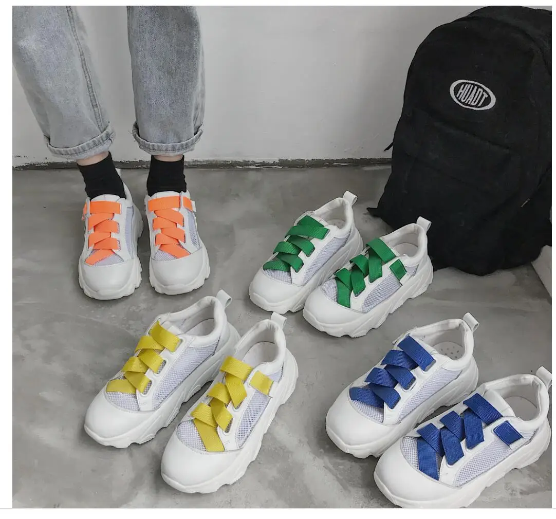 

zhen zhou Women Platform Casual Shoes Trend White Women Chunky Sneakers Mesh Breathable High Street Ladies Shoes free shipping