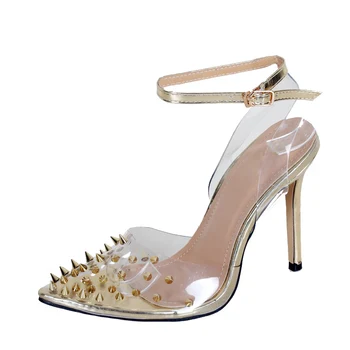

Promotion summer Transparent sandals PVC sexy punk rivet Nightclub shoes thin high heels sandals shoes buckle sandali donna