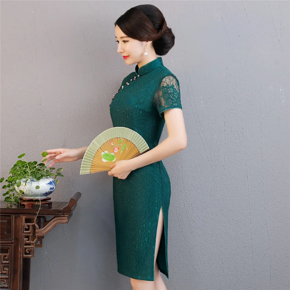 Шанхай история с коротким рукавом длиной до колен Qipao искусственного шелка китайский Восточный платье Женская Cheongsam