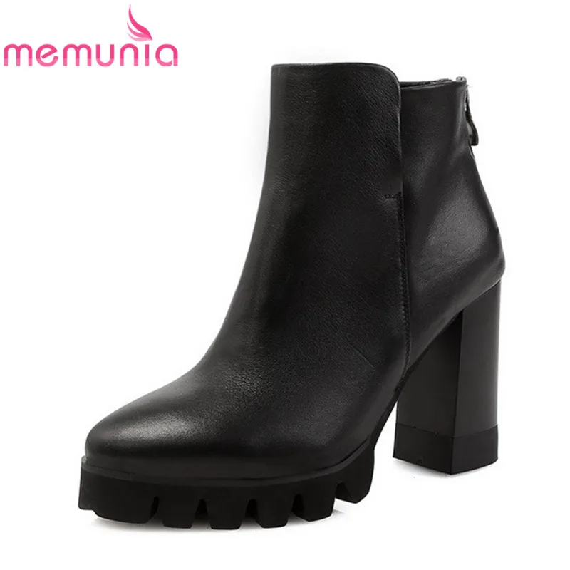

MEMUNIA 2020 new arrival ankle boots black round toe genuine leather boots solid thick high heels boots dress women shoes