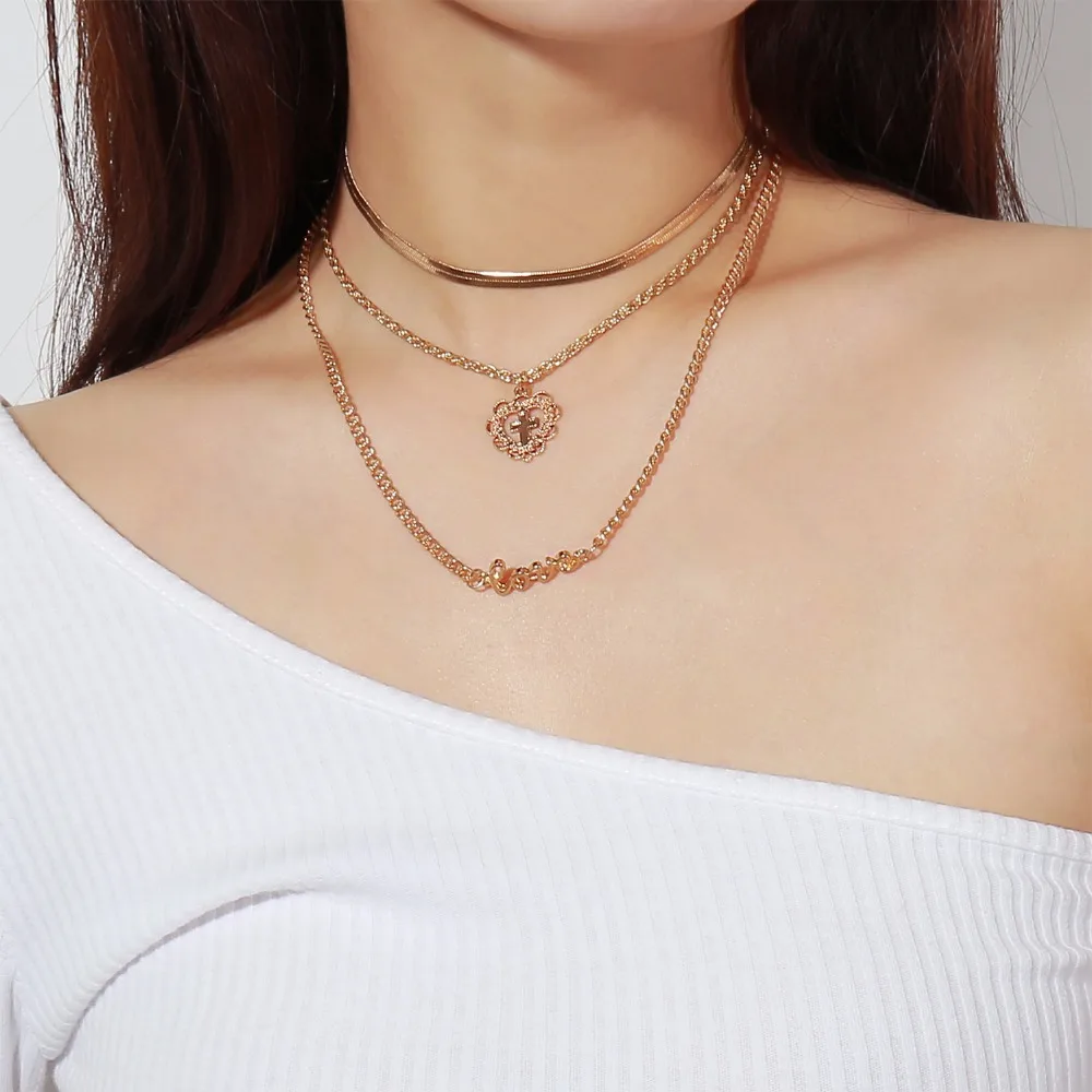 

Multilayer Close Chain Choker Delicate Heart Jesus Cross Pendant Letters Love Necklace for Women