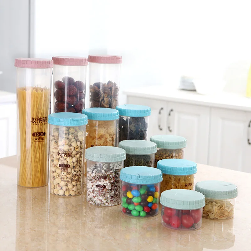 

Convenient 300/500/700/1100/1800ml Platstic Transparent Food Storage Jar Round Sealed Tank Cereal Containers Caddy XH8Z OC31