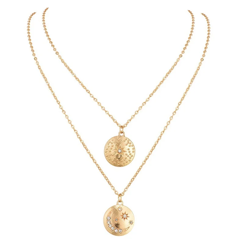 

Delicate Double Layered Gold Dilled Sun and Moon Coin Circle Layering Necklace Celestial Jewelry Gifts for Women