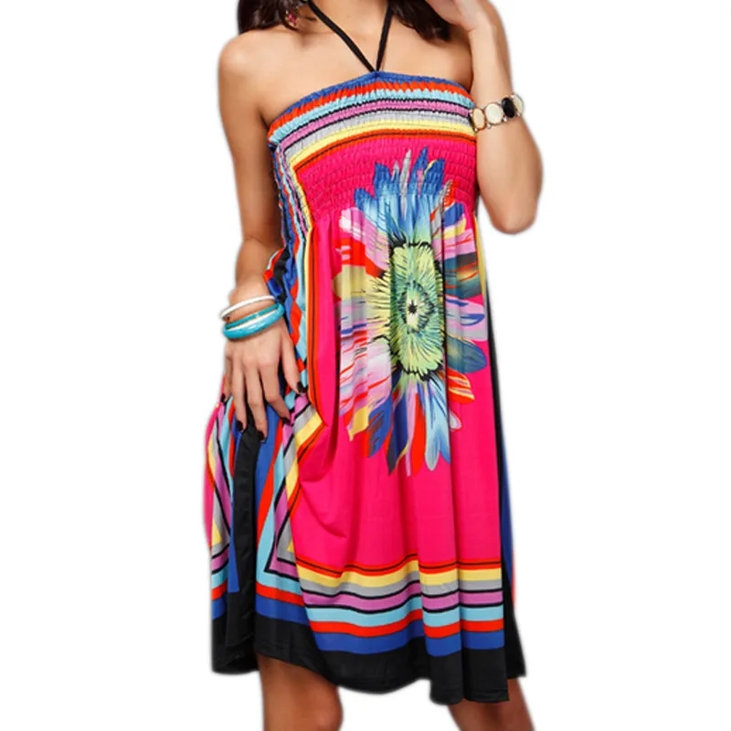 

Sexy Women Summer Beach Dress Casual Strapless Floral Print Bohemian Dresses Sundress SMN88