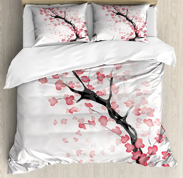 Cherry Blossom Duvet Cover Set Dreamy Japanese Nature in Spring Theme Sakura Tree Branch Artwork