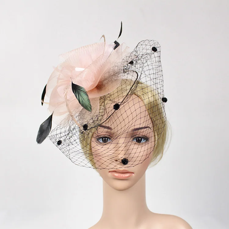 

2016 European Women Fancy Feather Fascinator Hats Black Birdcage Veil Wedding Hairpin Fascinator Clip Pink Net Hair Accessories