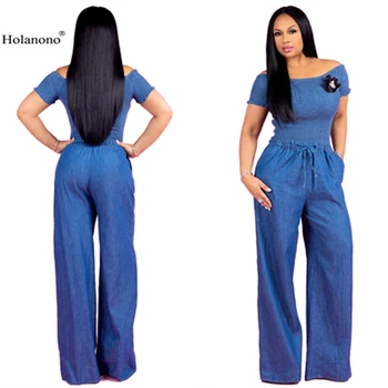 

Holanono Blue Dressy Jumpsuits for Women Sexy Puff Sleeve Off Shoulder Ruffles Wide Leg Pants Long Jeans Jumpsuit Romper Suit