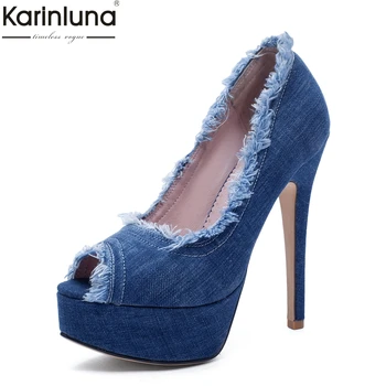 

Brand Big Size 33-43 elegant Street denim cool women shoes High Heels Platform top quality peep toe Shoes Woman Party Sexy Pumps
