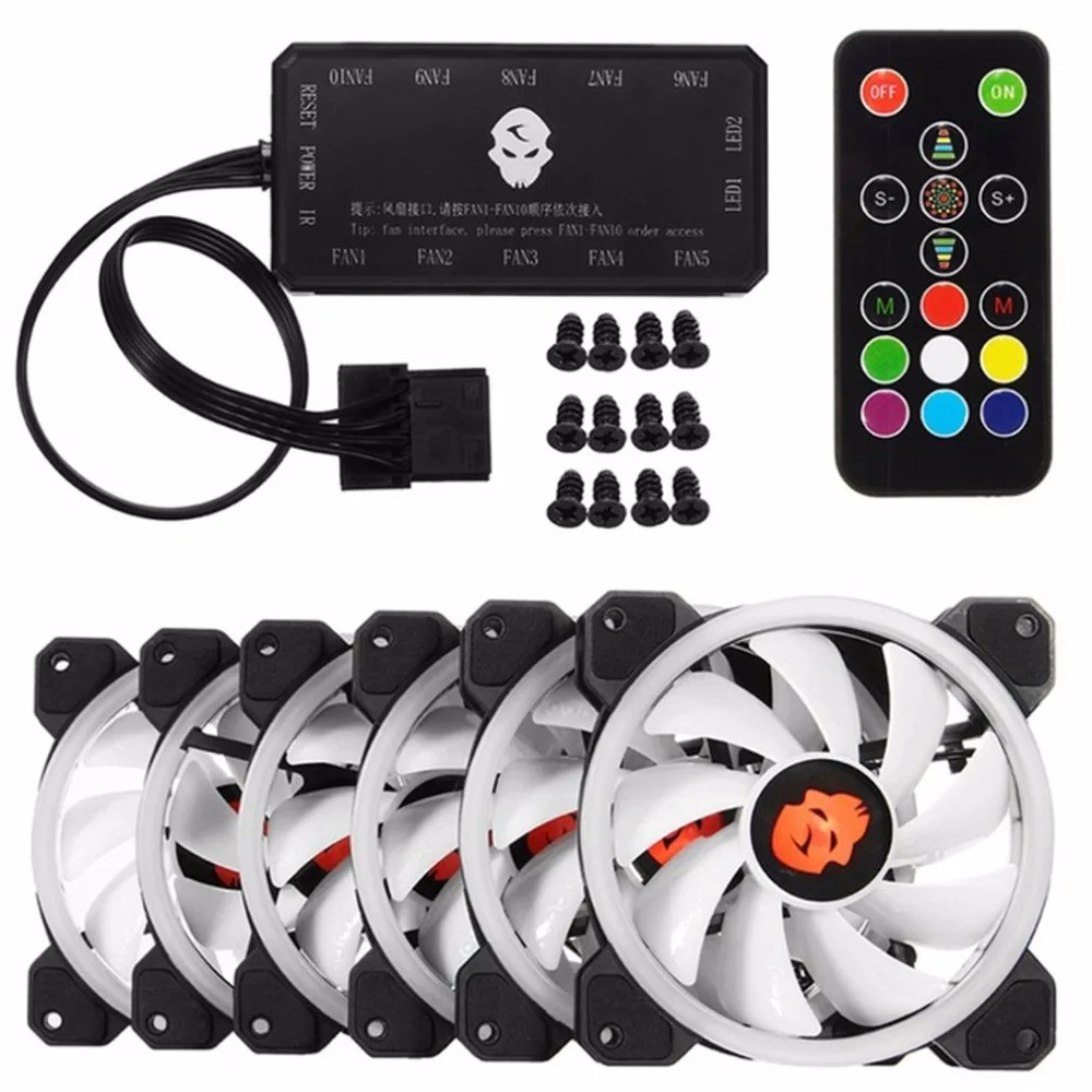 

6pcs Computer PC Cooler Cooling Fan Double Ring 366 Modes 10 Level Adjust Speed RGB LED 120mm Fan With Remote Control For CPU