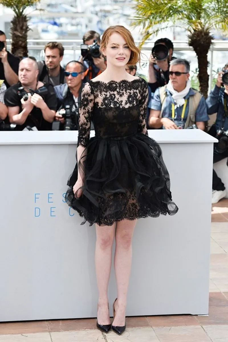Emma Stone Black Lace Dress 3/4 Sleeve Cannes Film