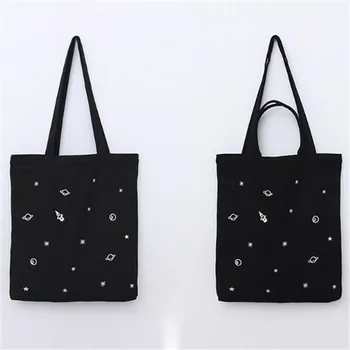 

New Women Bags Fashion Cotton Grocery Tote Shopping Bags Folding Shopping Cart Spacecraft Embroid Bag