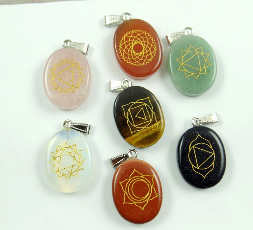 Natural Stone carved Chakra Pendant oval Shape Quartz Opal tiger eye Choker Reiki 7 Making jewelry Necklace | Украшения и