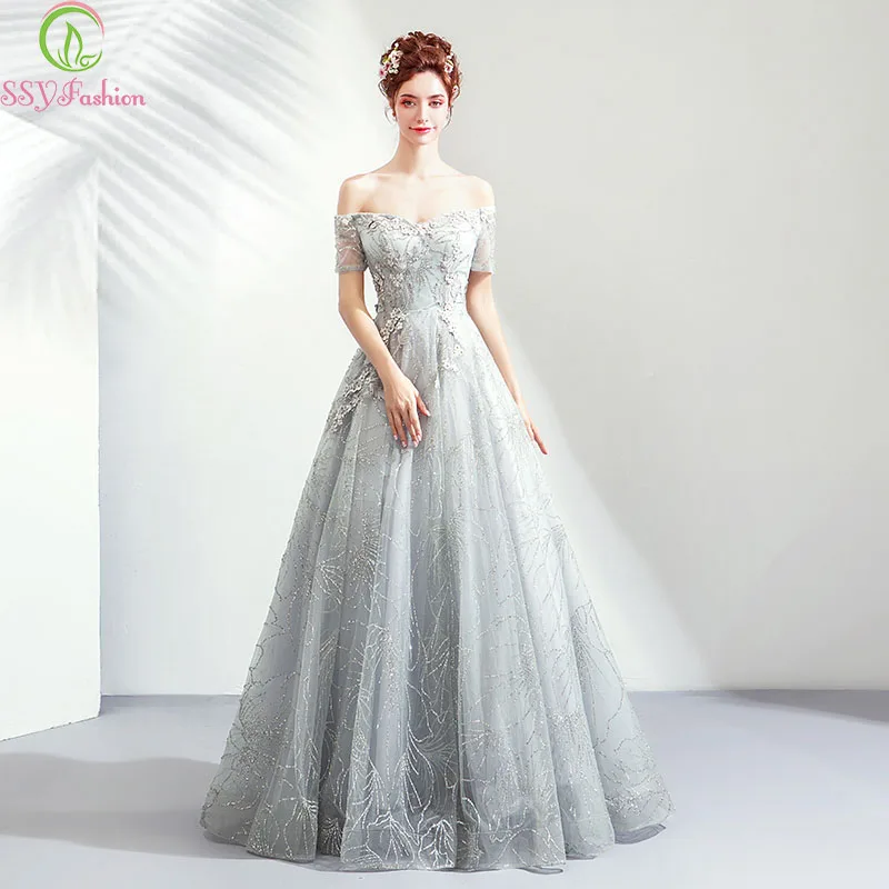 

SSYFashion New Luxury Sequins Evening Dress Boat Neck A-line Lace Appliques Grey Long Formal Party Gowns Robe De Soiree