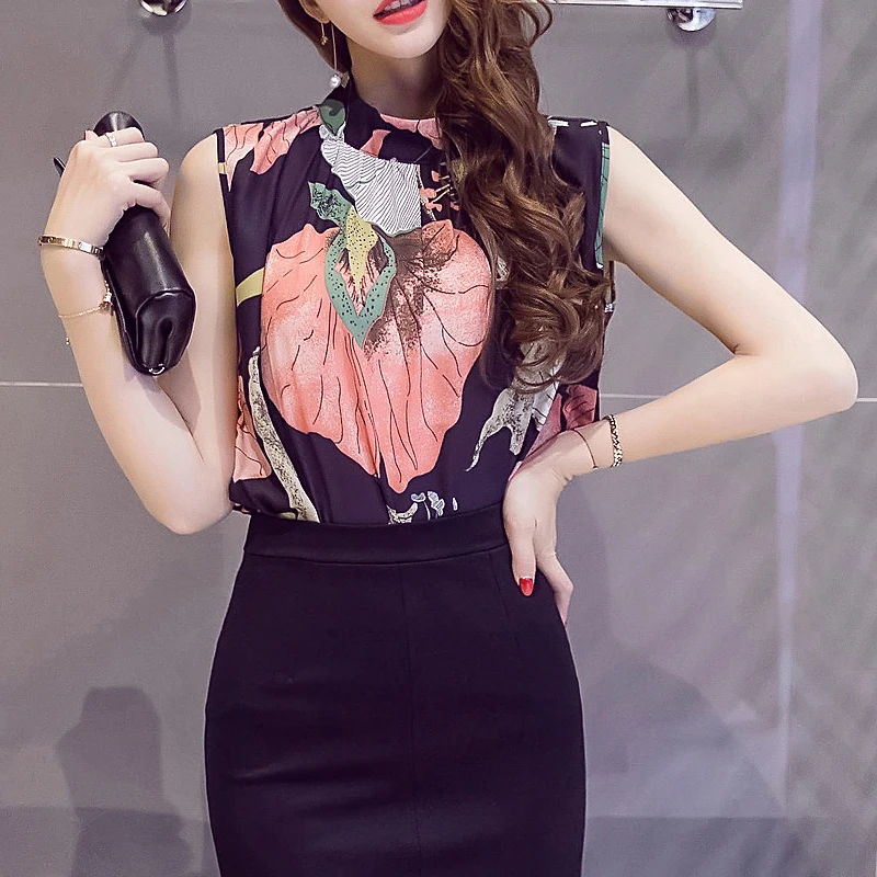 2018 Новый Для женщин модная летняя блузка Отпечатано Sexy шифоновая рубашка без