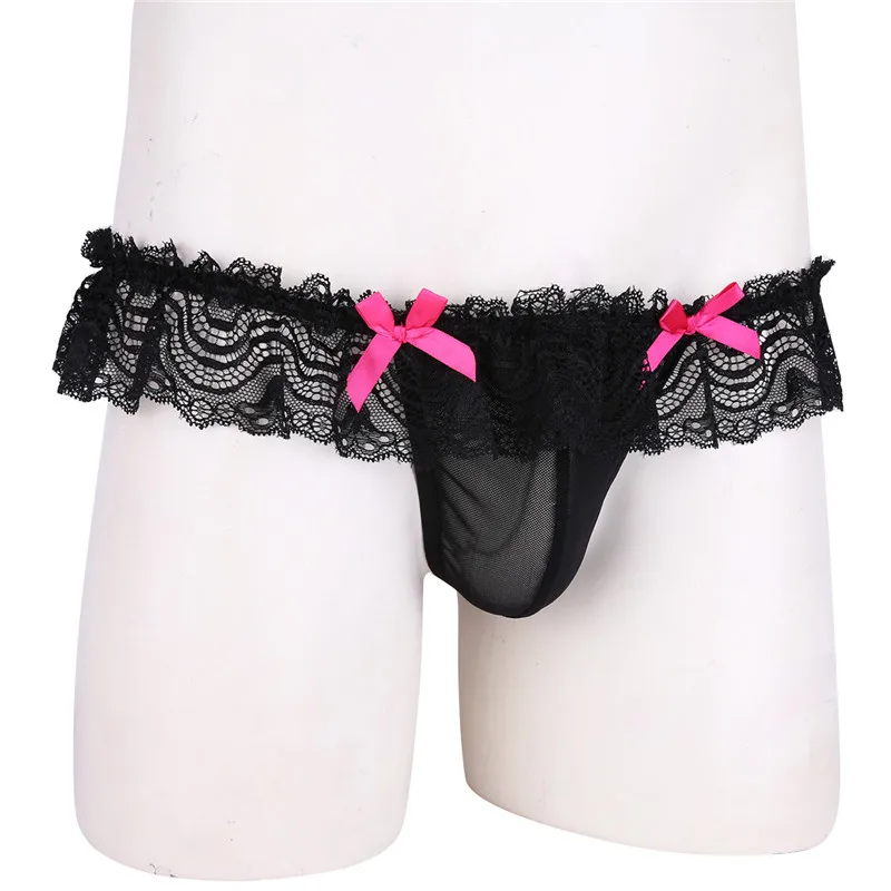 FEESHOW Sissy Мужское нижнее белье G Strings прозрачные сетчатые кружевные бантики
