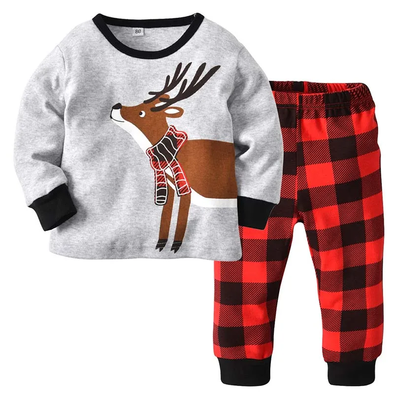 

2019 Autumn/Winter Children Pajamas Long Sleeve Cotton Kids Sleepwear Suit Fawn Clothes Plaid Pants Baby Christmas Pajamas
