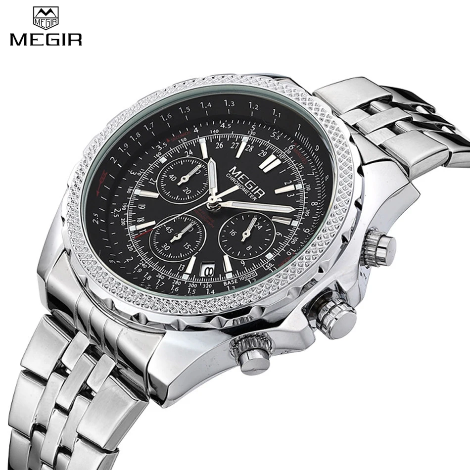 MEGIR Watches Men Fashion Casual Luxury Full Steel Watch Dress Watch Automatic Date Chronograph Quartz Watch