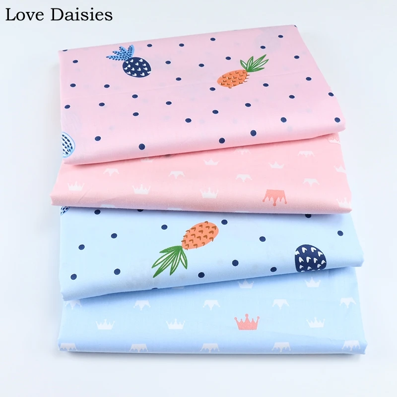 100 Cotton Twill Pink Blue Fruit Color Pineapple Navy Dots White