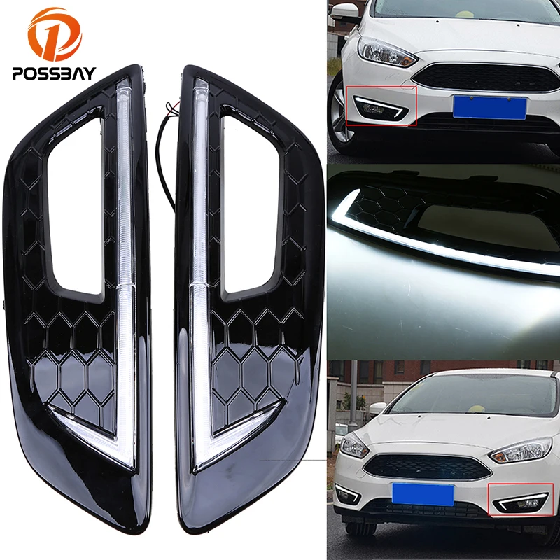 

POSSBAY Front Bumper Lower Fog Light Cover With White LED DRL Daytime Running Light for Ford Focus S (DYB) 2015-Present Facelift