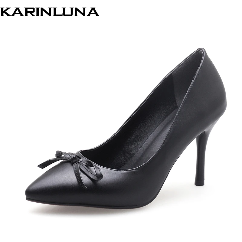 

Karinluna Sexy Natural Cow Genuine Leather Woman Shoes Party Pointed Toe Elegant Sweet Bow High Heels Shoes Women Pumps