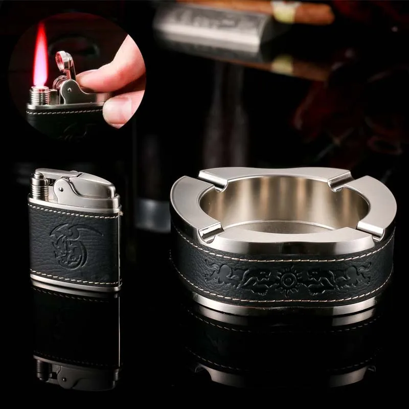 

1 Set Cigarette Lighter Ashtray Windproof Butane Inflatable Lighter Metal Fashion Cigarette Ashtrays Cigarette Accessories kits