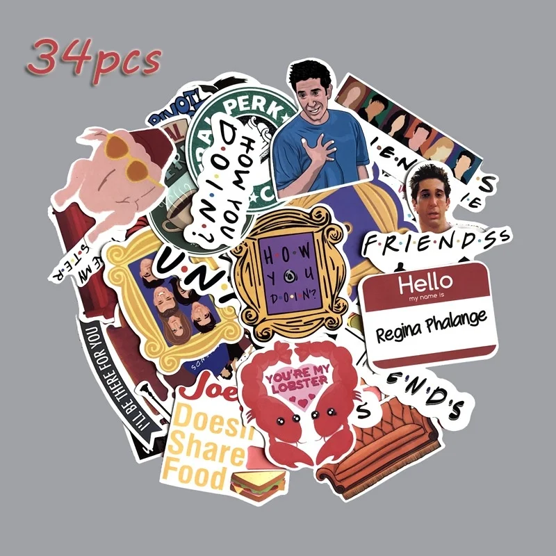 

34 Pcs/Lot Friends Decal Stickers US TV series For Laptop Skateboard Luggage Car Bicycle Backpack Decal Pegatinas Toy Stickers