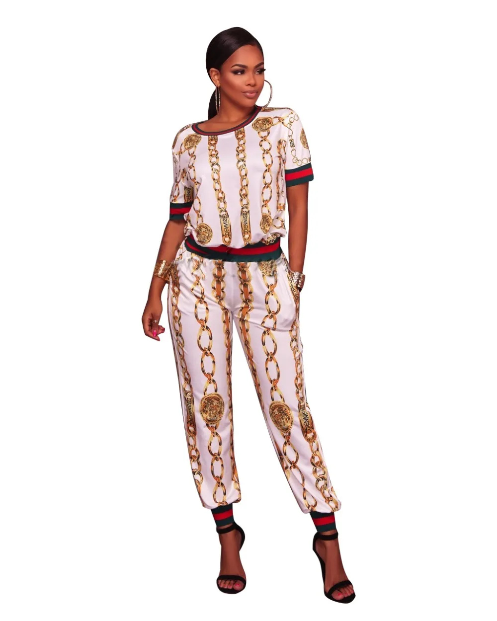 Plus Size S 3XL Women Jumpsuit Long Pants And Crop Top Two Piece Set Print Chain Sexy Romper 2