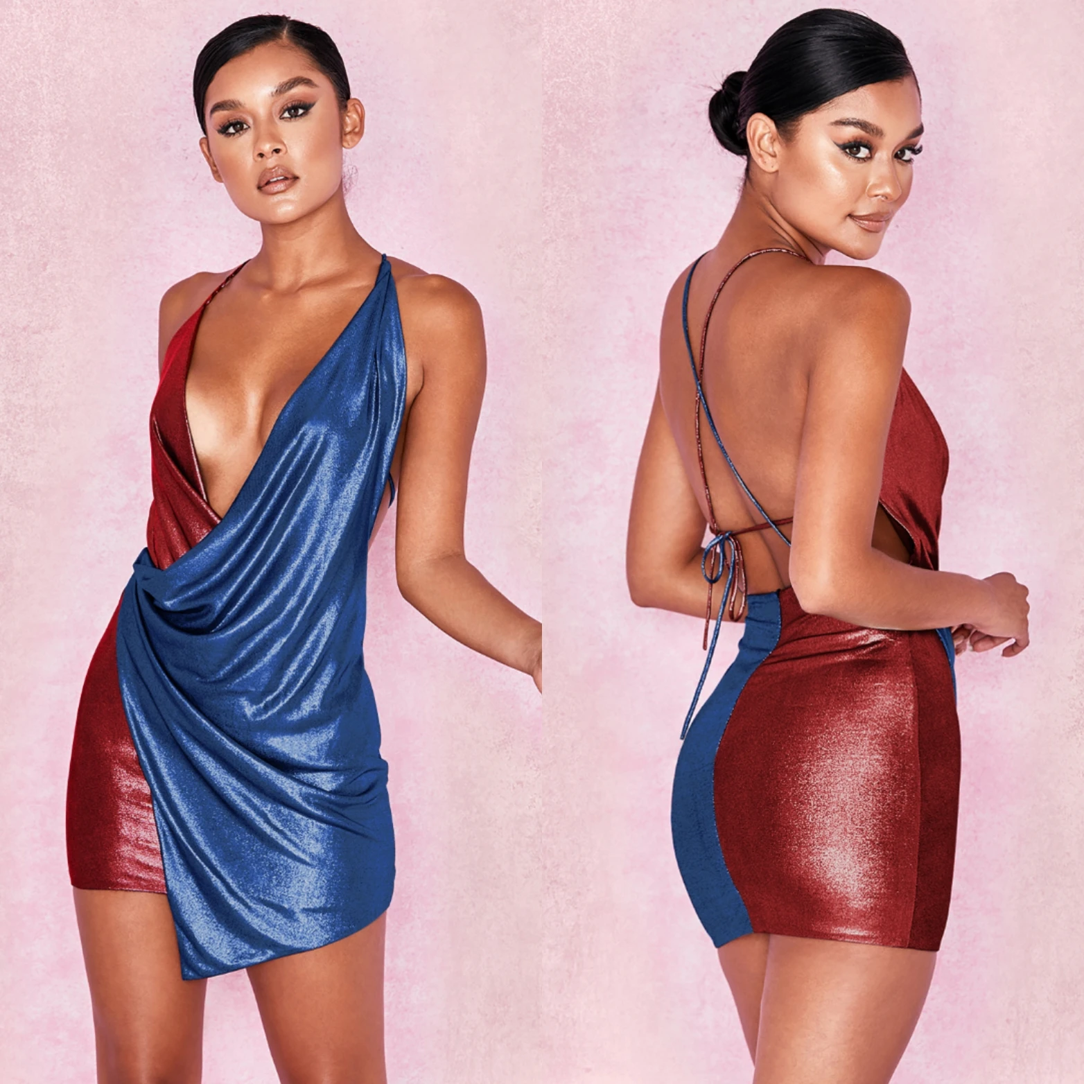 

Summer Dress Sexy Deep V-Neck Sleeveless Dresses Casual Backless Bow Lace Mosaic Spaghetti Mini Female Vestidos